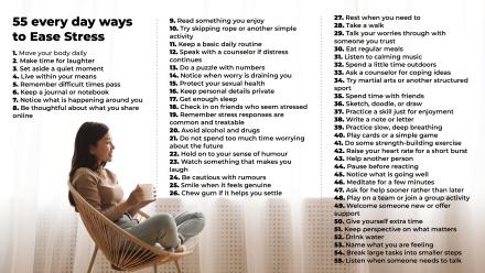 A poster with 55 Ways to Ease Stress
