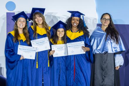 Simona Costanzo Sow, Chief, Academic Partnerships, UNSSC with the recipients of the inaugural UNSSC – IE SPEGA Outstanding Capstone Award during the MID graduation of the 2025-2026 cohort