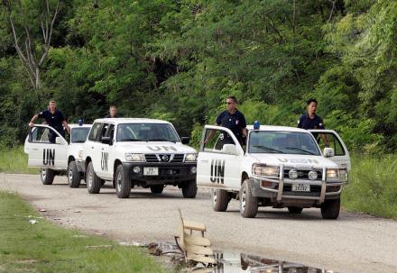 column of UN vehicles during security training